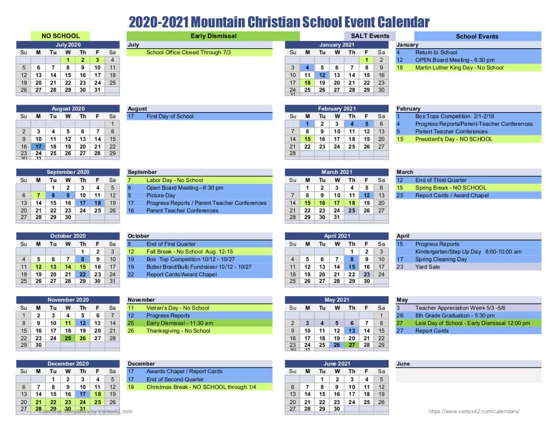 MCS School Calendar 2020-2021